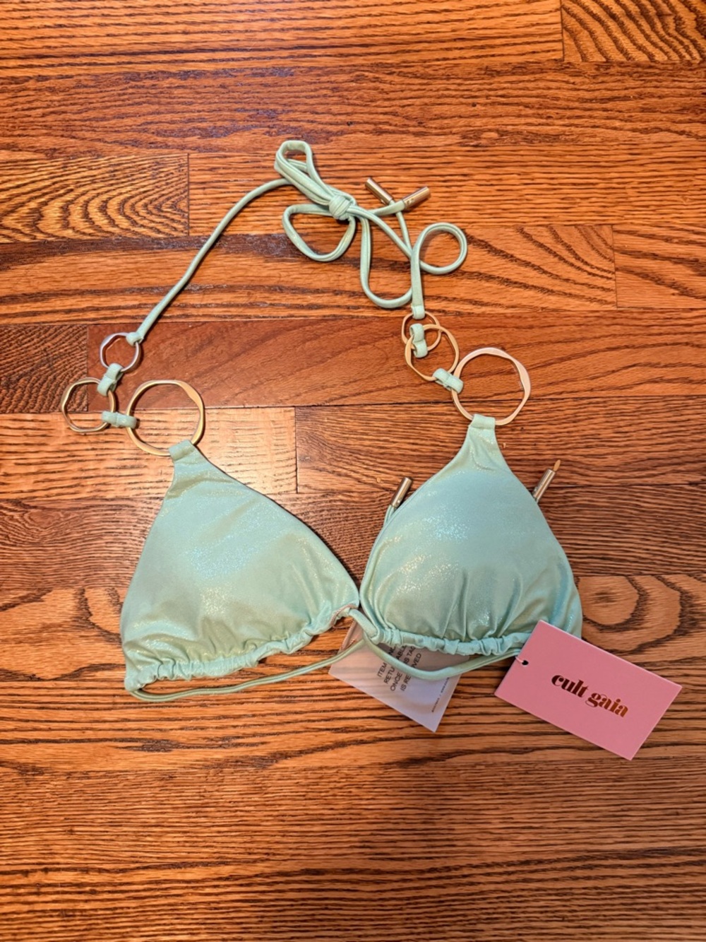 cult gaia Mint Shimmer Triangle Bikini Top with Gold Rings | S NWT